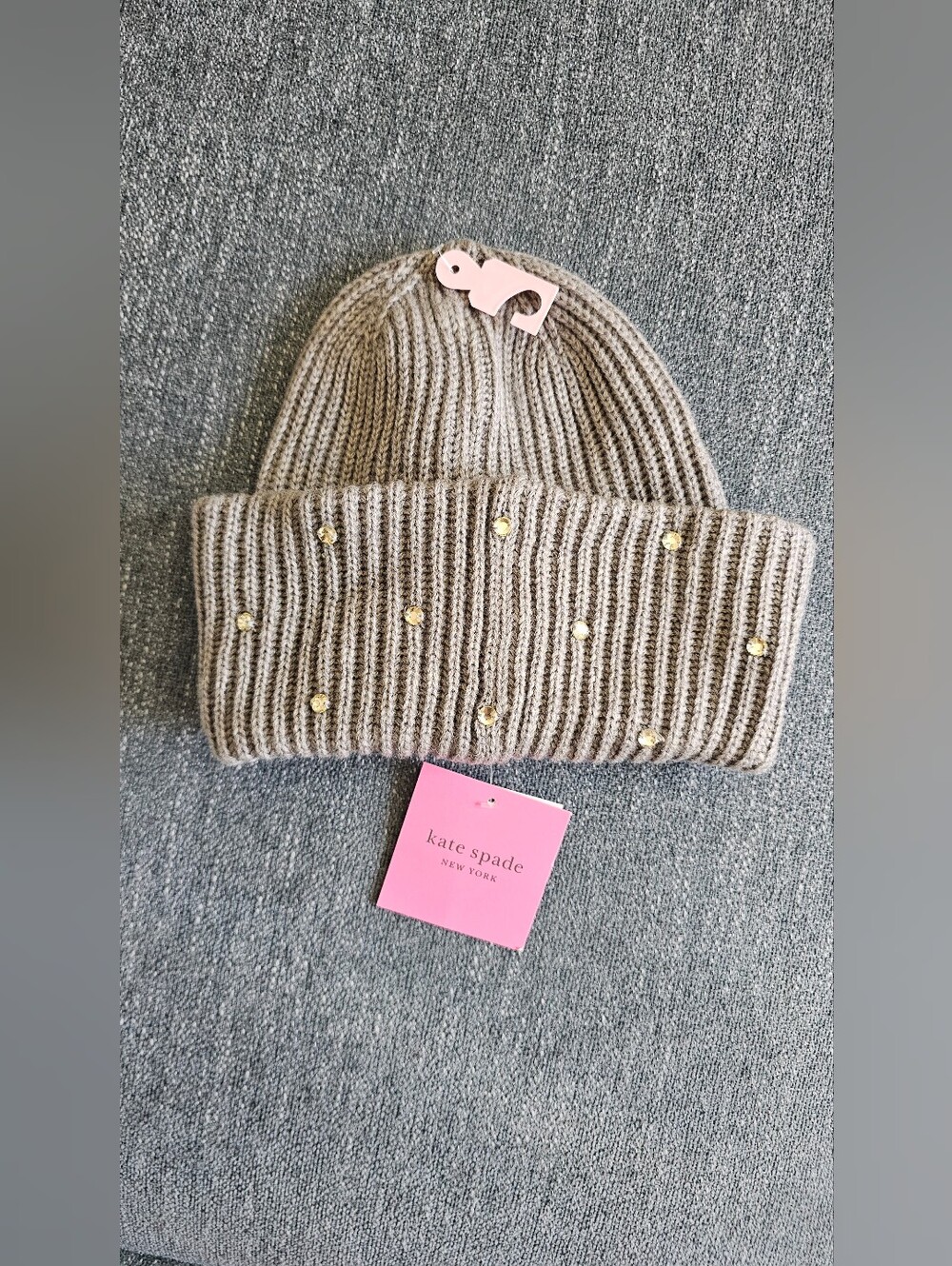 NWT Kate Spade Rainbow Embellished Gray Knit Beanie Hat